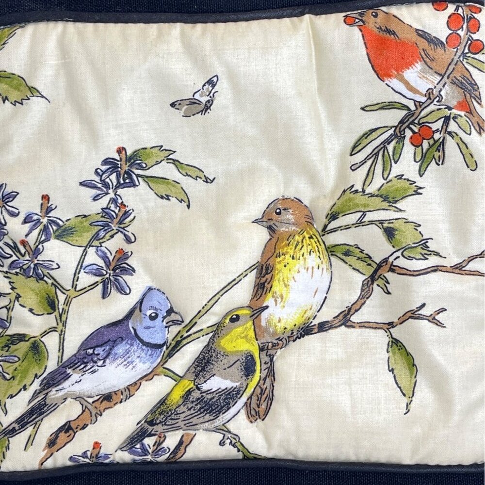 Quilted Bird Tote Bag Purse Lined Black Fabric Handbag Pocket Blue Jay Vintage - Picture 3 of 12